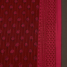 Red Bagh Block Print Kantha Work Natural Dyed Cotton Fabric
