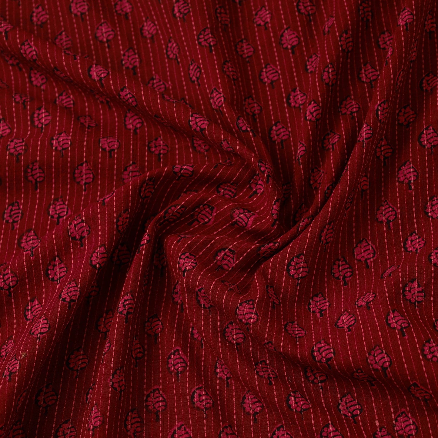 Red Bagh Block Print Kantha Work Natural Dyed Cotton Fabric