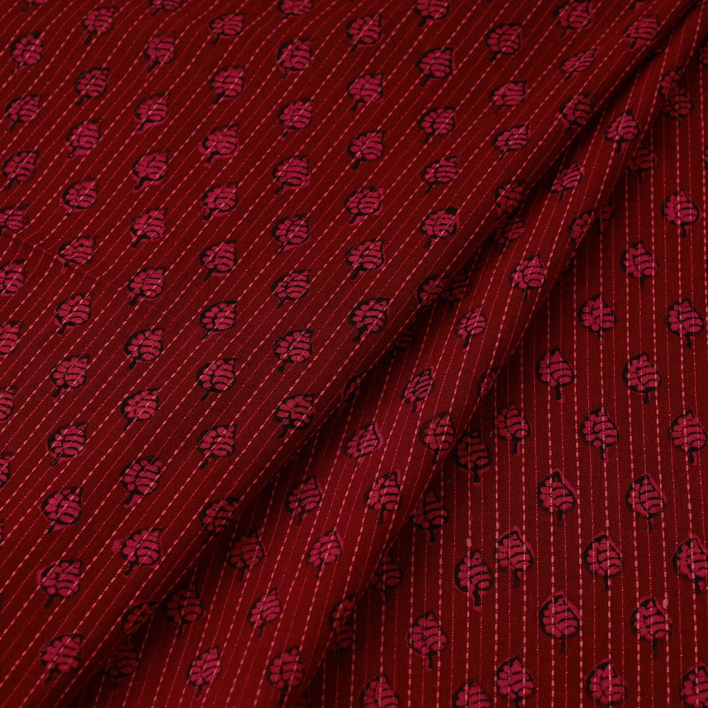 Red Bagh Block Print Kantha Work Natural Dyed Cotton Fabric