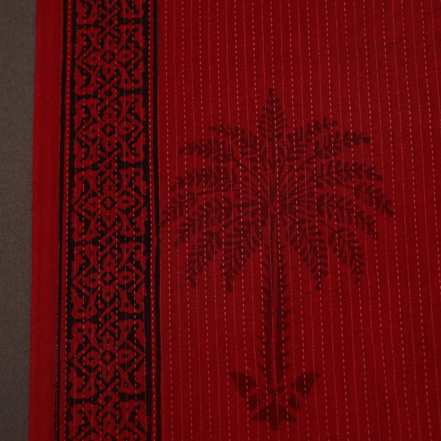 Red Bagh Block Print Kantha Work Natural Dyed Cotton Fabric