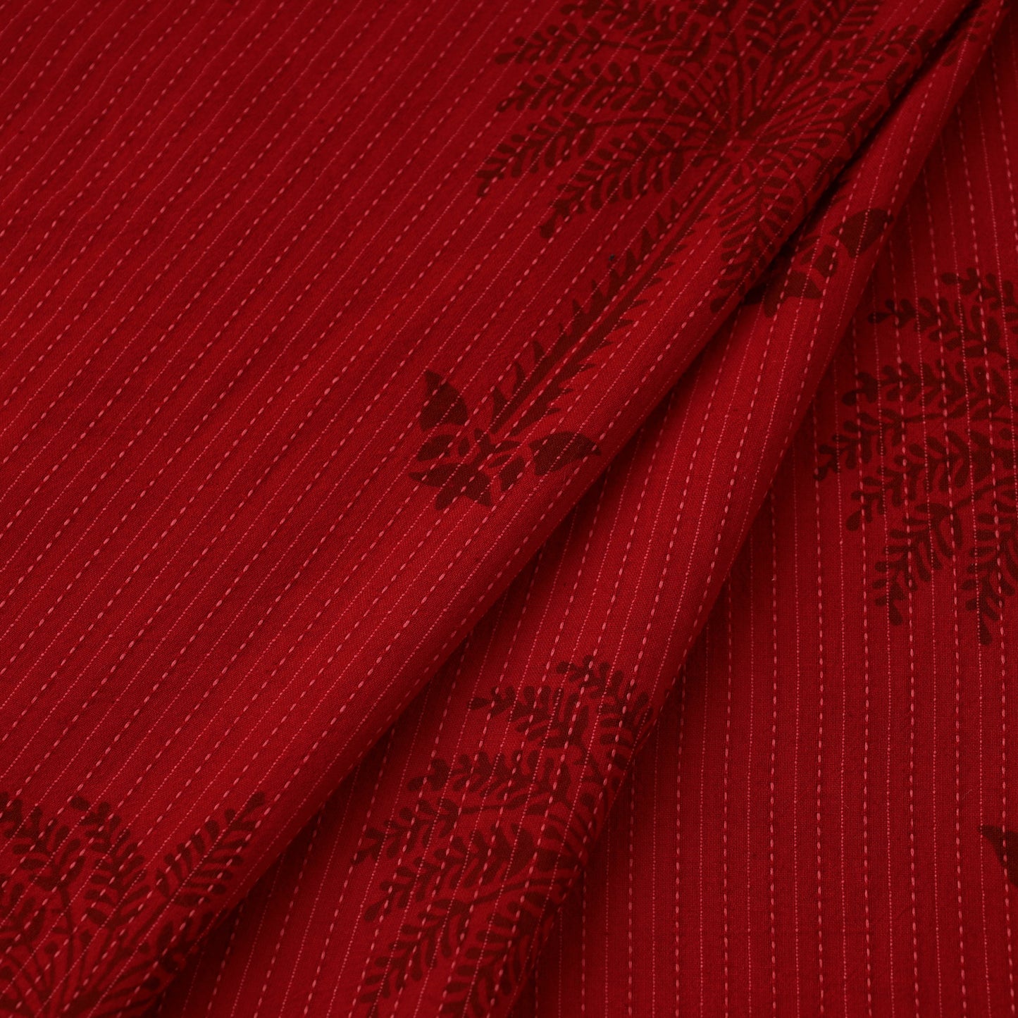 Red Bagh Block Print Kantha Work Natural Dyed Cotton Fabric