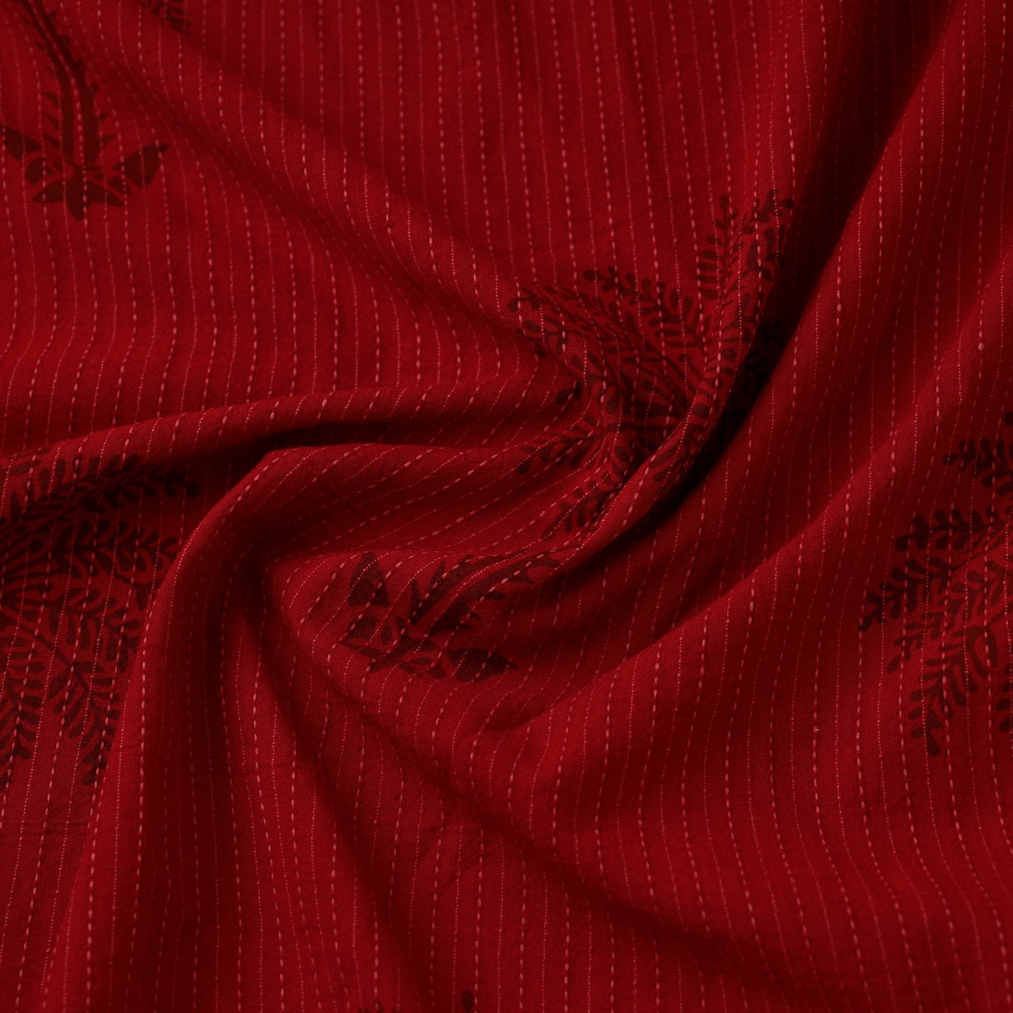 Red Bagh Block Print Kantha Work Natural Dyed Cotton Fabric