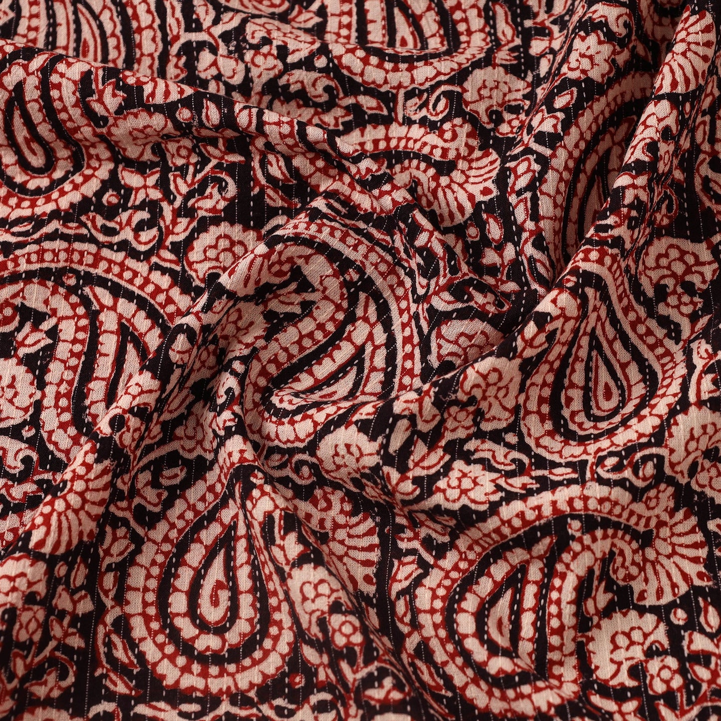 Red Bagh Block Print Kantha Work Natural Dyed Cotton Fabric