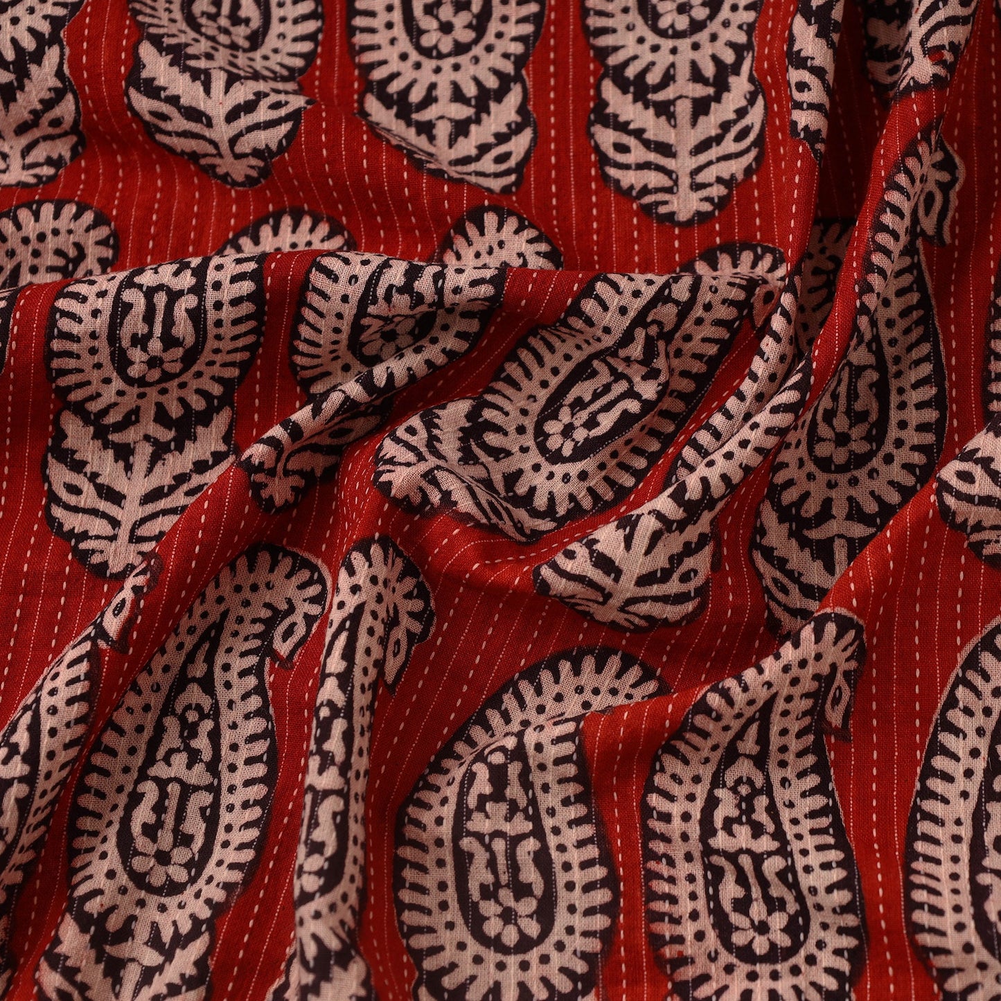 Red Bagh Block Print Kantha Work Natural Dyed Cotton Fabric