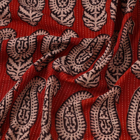 Red Bagh Block Print Kantha Work Natural Dyed Cotton Fabric