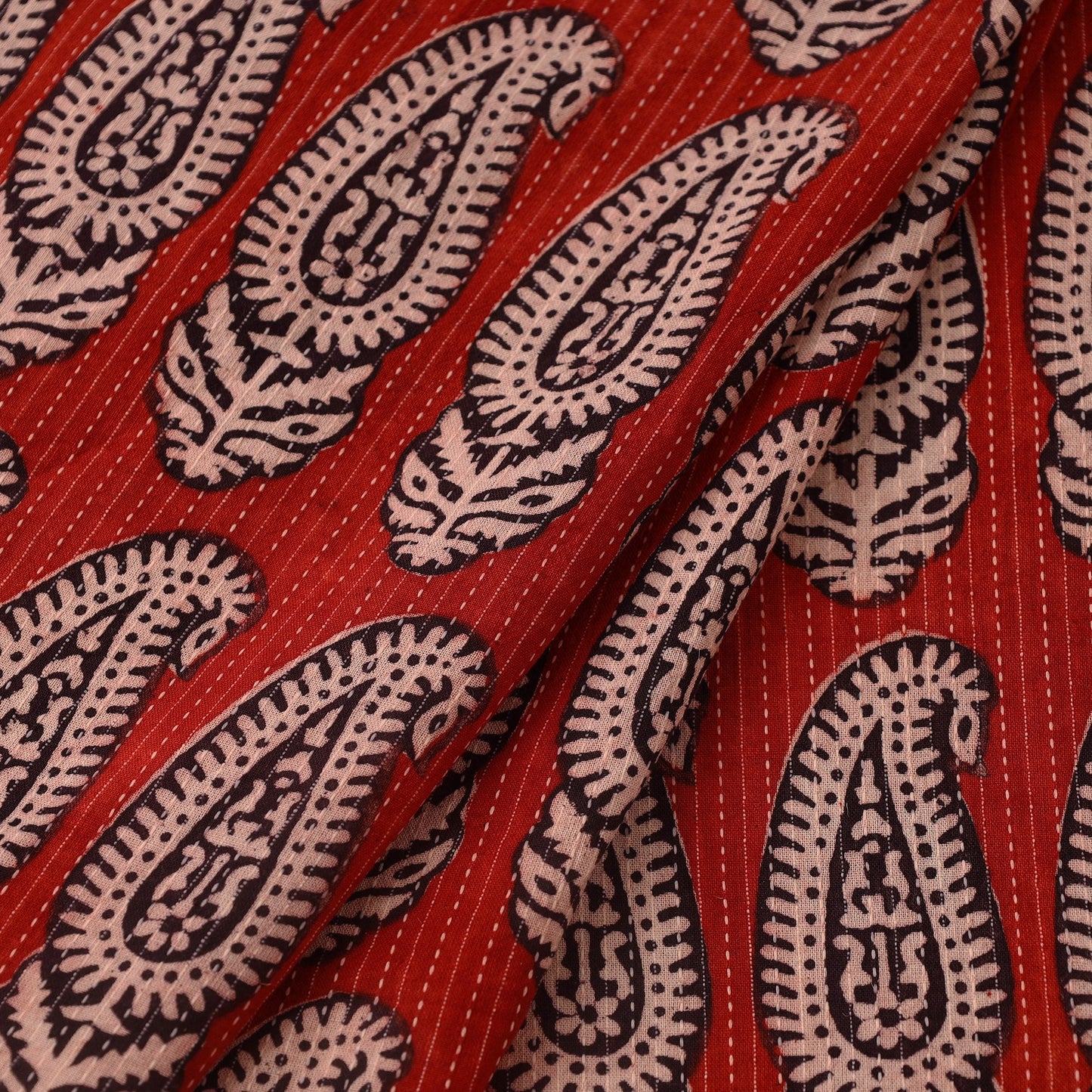 Red Bagh Block Print Kantha Work Natural Dyed Cotton Fabric
