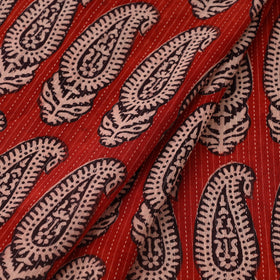 Red Bagh Block Print Kantha Work Natural Dyed Cotton Fabric