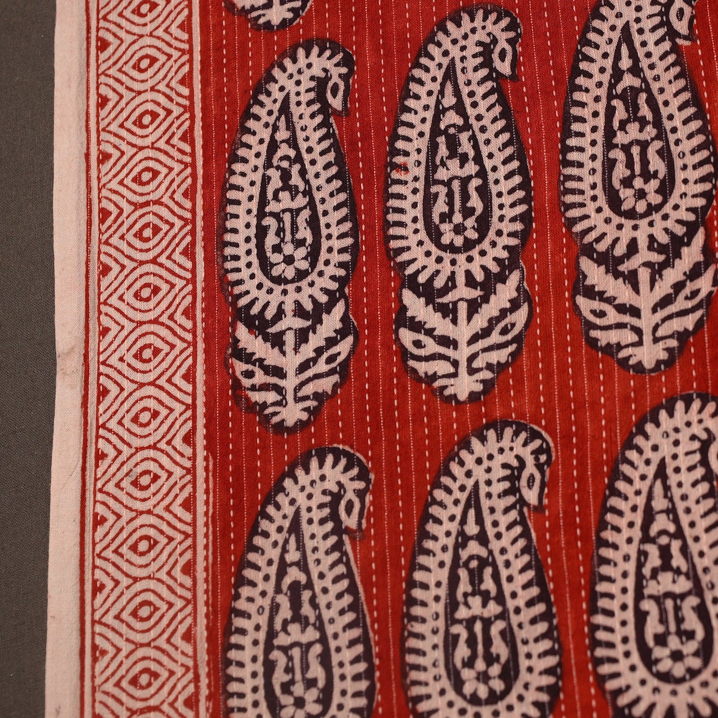 Red Bagh Block Print Kantha Work Natural Dyed Cotton Fabric