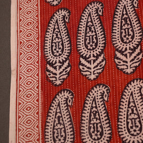 Red Bagh Block Print Kantha Work Natural Dyed Cotton Fabric
