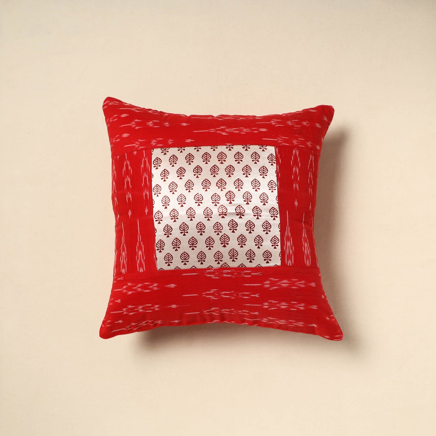 Red - bagh patch ikat cushion cover 12 - handcrafted
