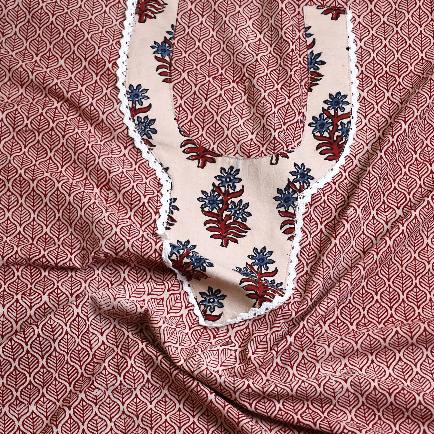 Buy Red Bagh Print Patchwork Cotton Kurta Material