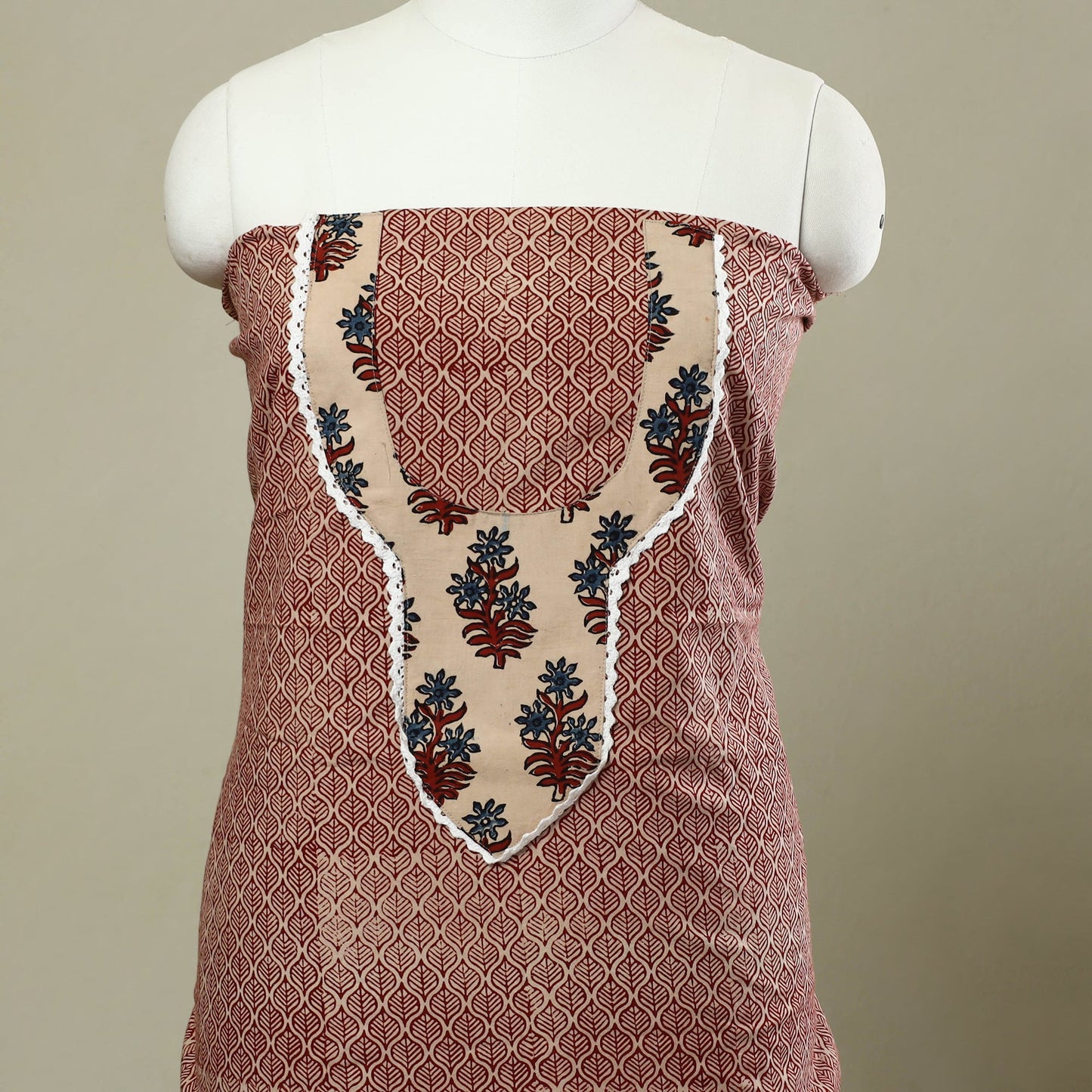 Buy Red Bagh Print Patchwork Cotton Kurta Material