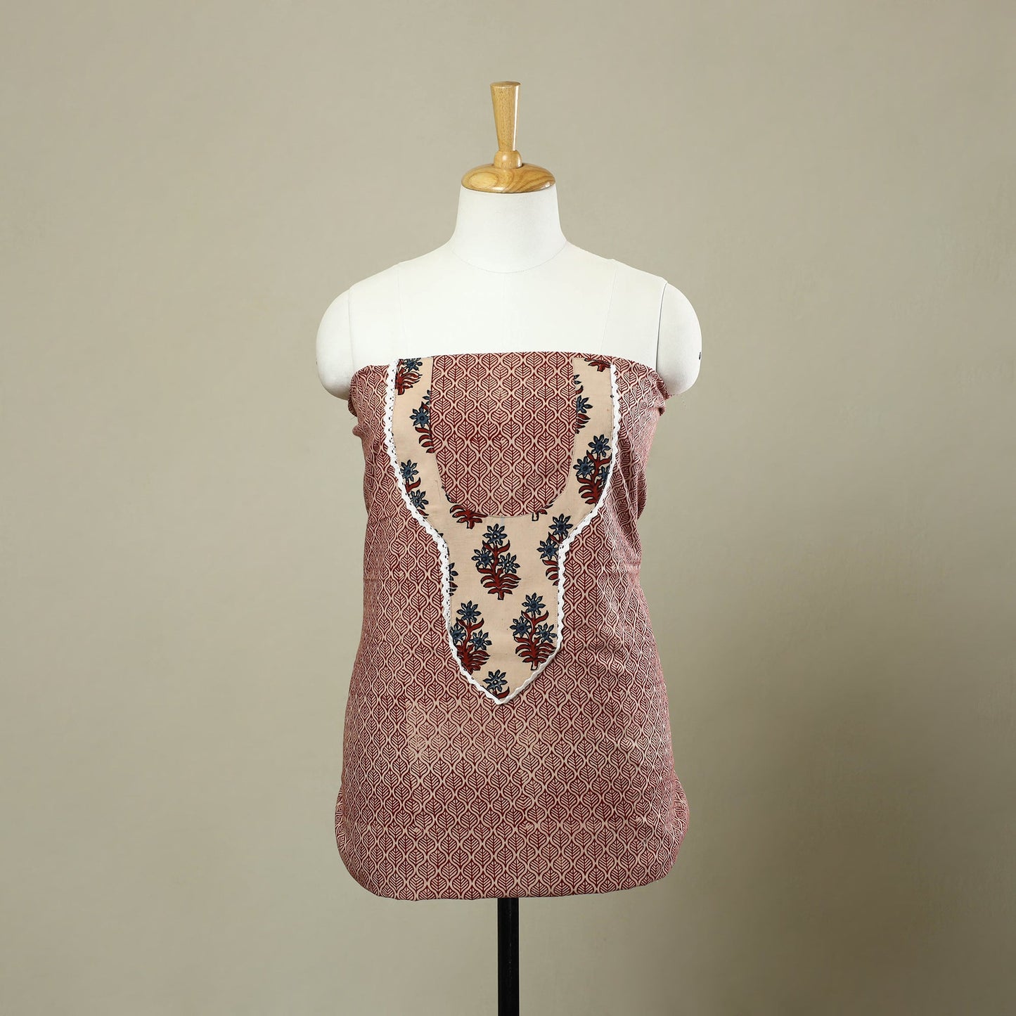 Buy Red Bagh Print Patchwork Cotton Kurta Material