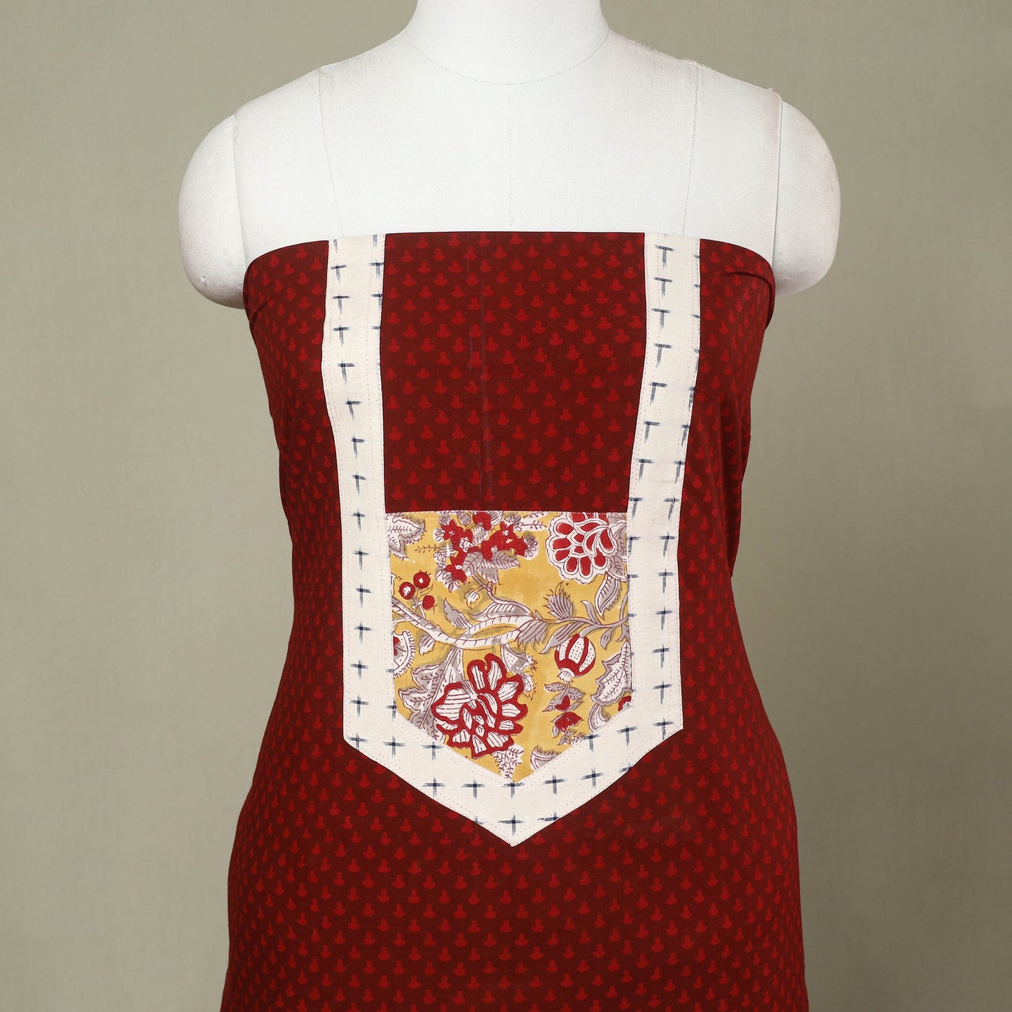 Buy Red Bagh Print Patchwork Cotton Kurta Material