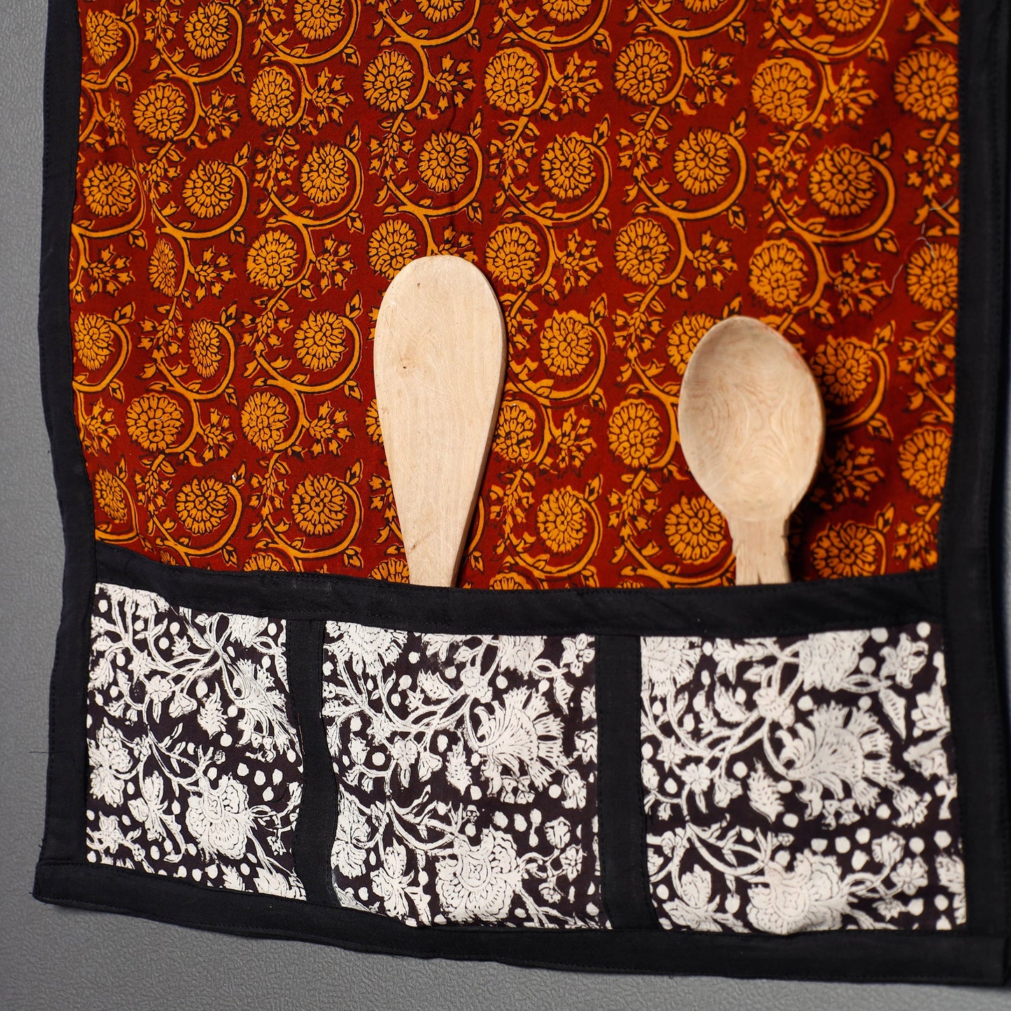 Red Bagh Block Printed Cotton Fridge Top Cover with Multiple Pockets 