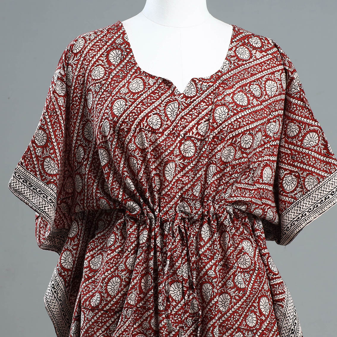 Red - Bagh Block Printed Cotton Kaftan with Tie-Up Waist (Short)