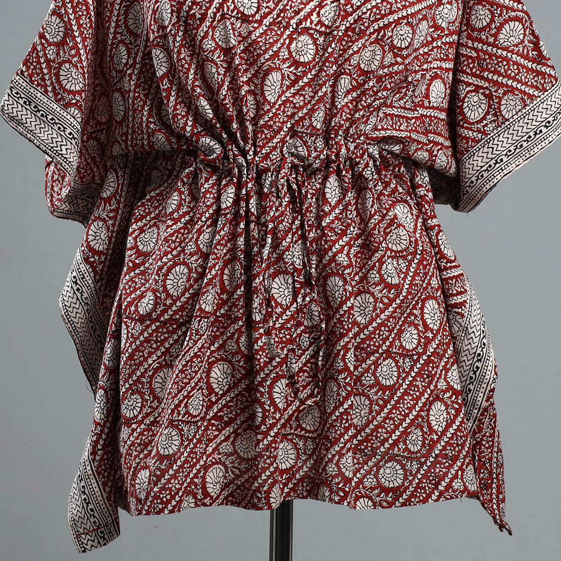 Red - Bagh Block Printed Cotton Kaftan with Tie-Up Waist (Short)