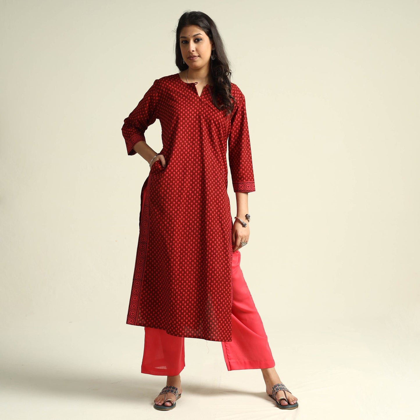 Red - Bagh Block Printed Cotton Kurta with Palazzo Set