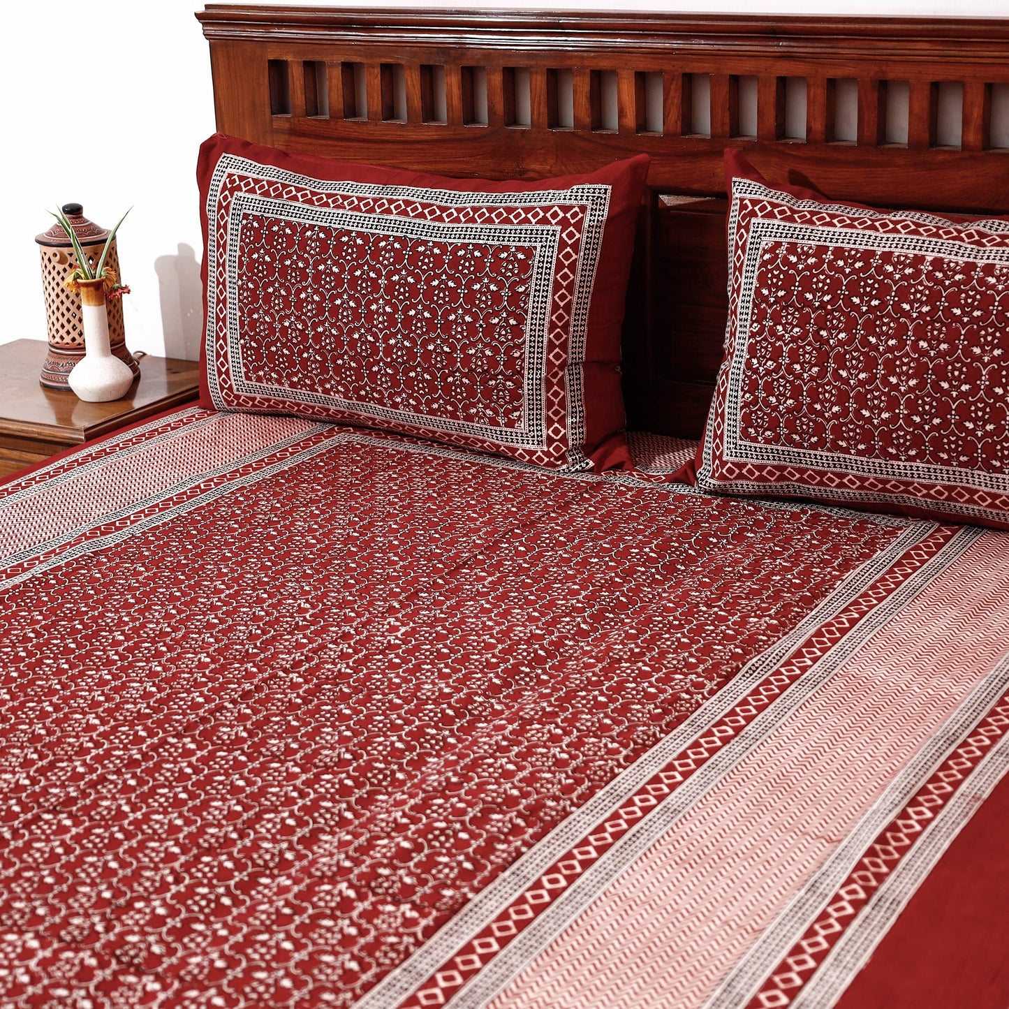 Red - Bagh Block Printed Cotton Single Bed Cover with Pillow Covers (94 x 64 in)