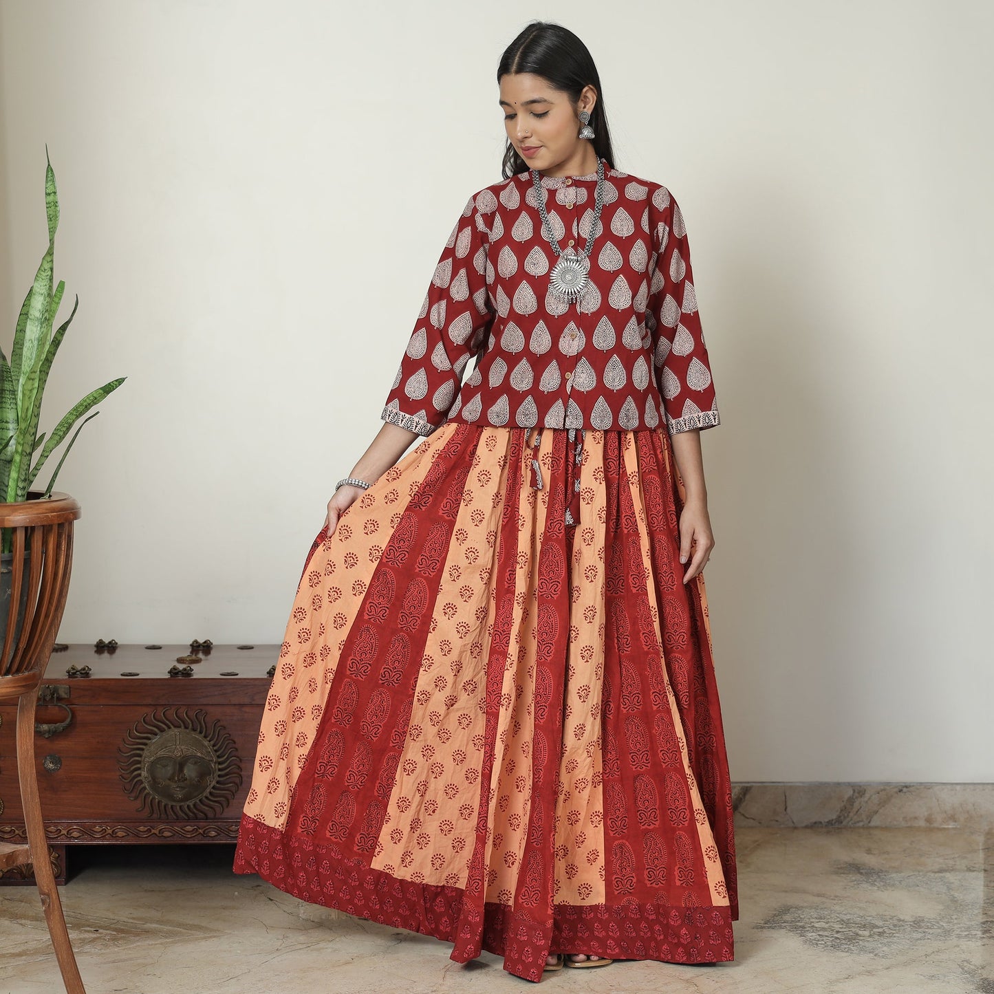  Bagh Block Printed Patchwork Cotton Long Skirt 