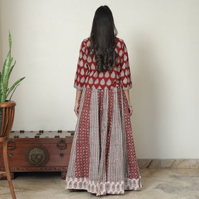 Red - bagh printed patchwork cotton long skirt - handcrafted