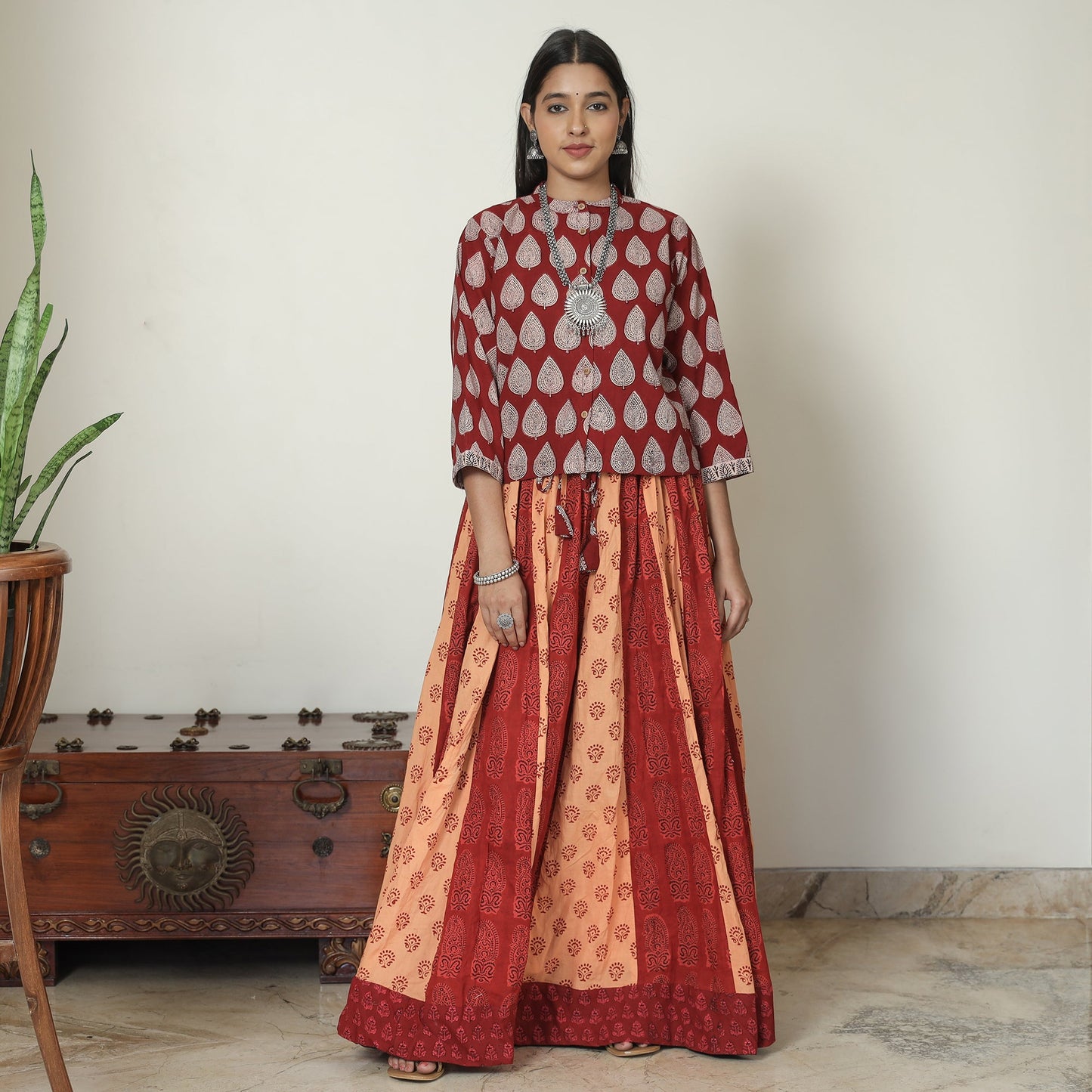  Bagh Block Printed Patchwork Cotton Long Skirt 
