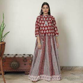 Red - bagh printed patchwork cotton long skirt - handcrafted