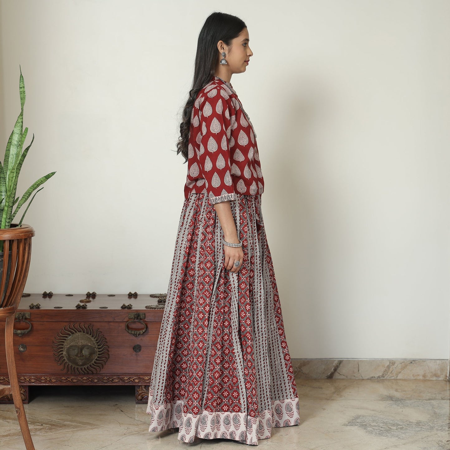 Red - bagh printed patchwork cotton long skirt - handcrafted