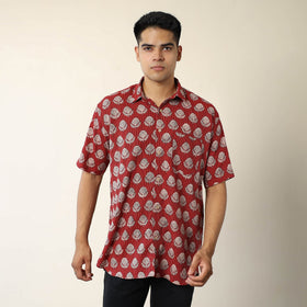 Red - Bagh Prints Kantha Cotton Men Half Sleeve Shirt 12