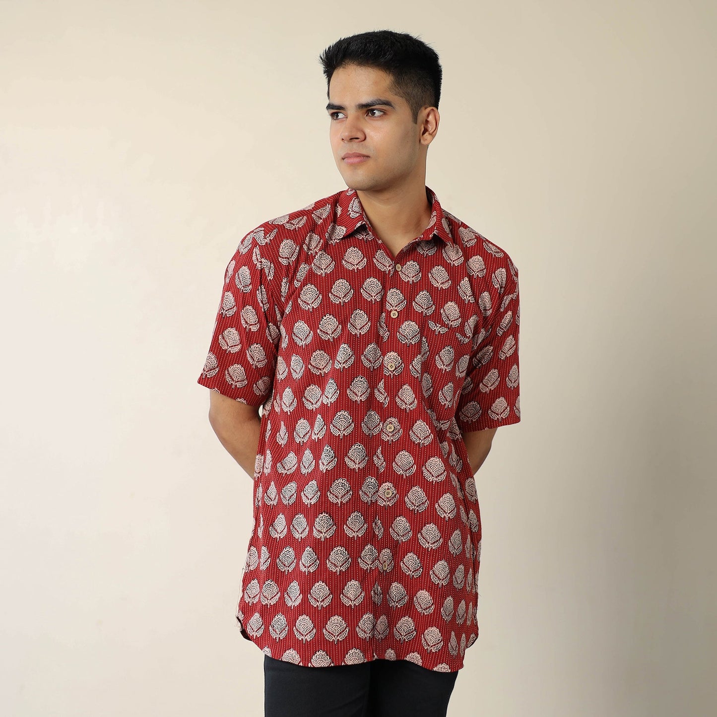 Red - Bagh Prints Kantha Cotton Men Half Sleeve Shirt 12
