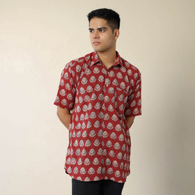 Red - Bagh Prints Kantha Cotton Men Half Sleeve Shirt 12