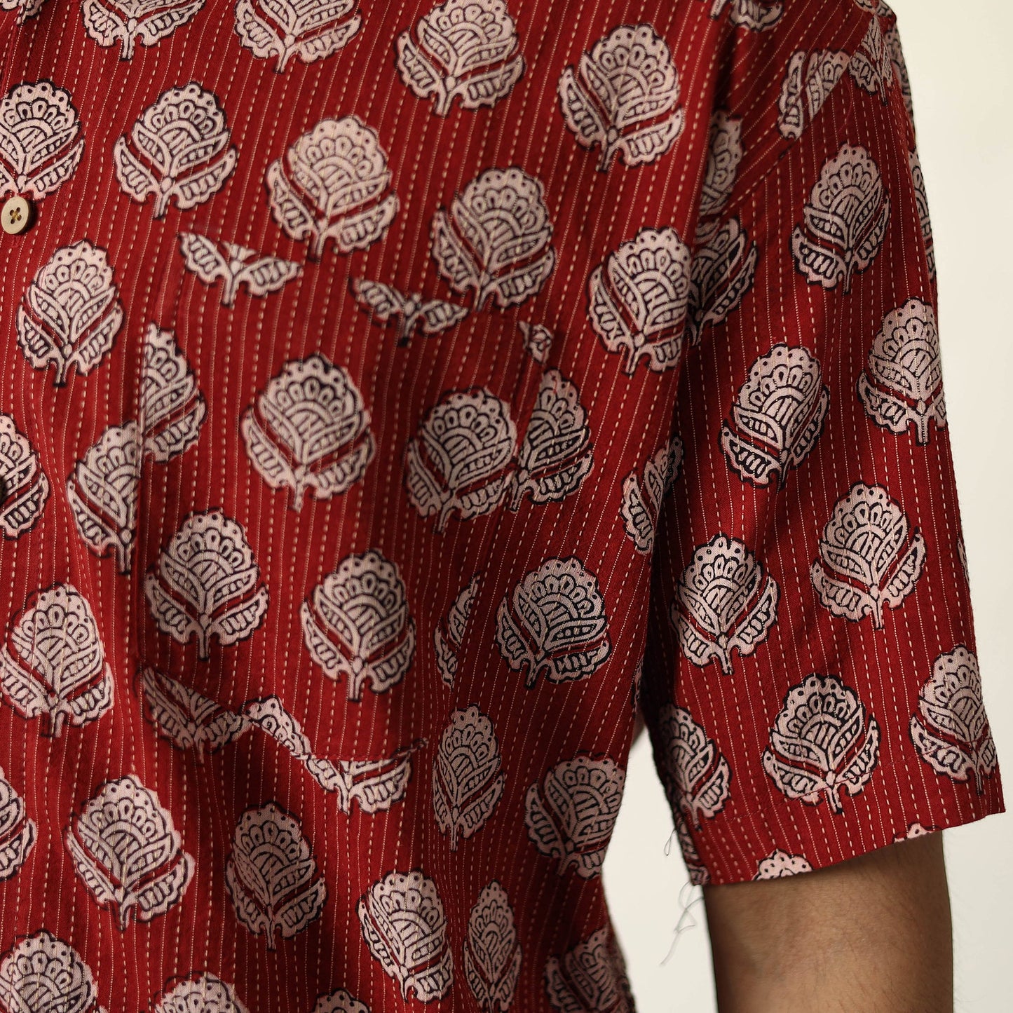 Red - Bagh Prints Kantha Cotton Men Half Sleeve Shirt 12