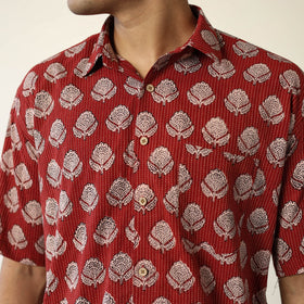 Red - Bagh Prints Kantha Cotton Men Half Sleeve Shirt 12