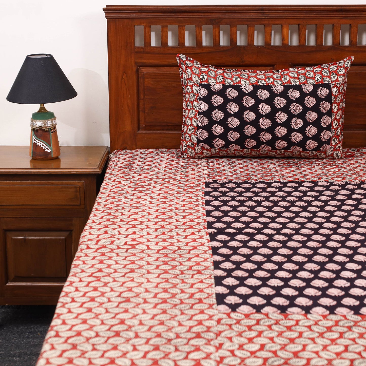 Red - bagru with bagh patch cotton bedsheet set 07