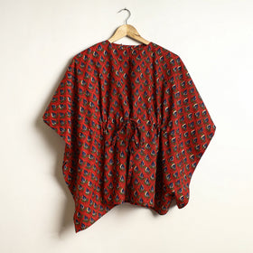 Red - Bagru Block Printed Cotton Kaftan & Pyjama Night Suit Set