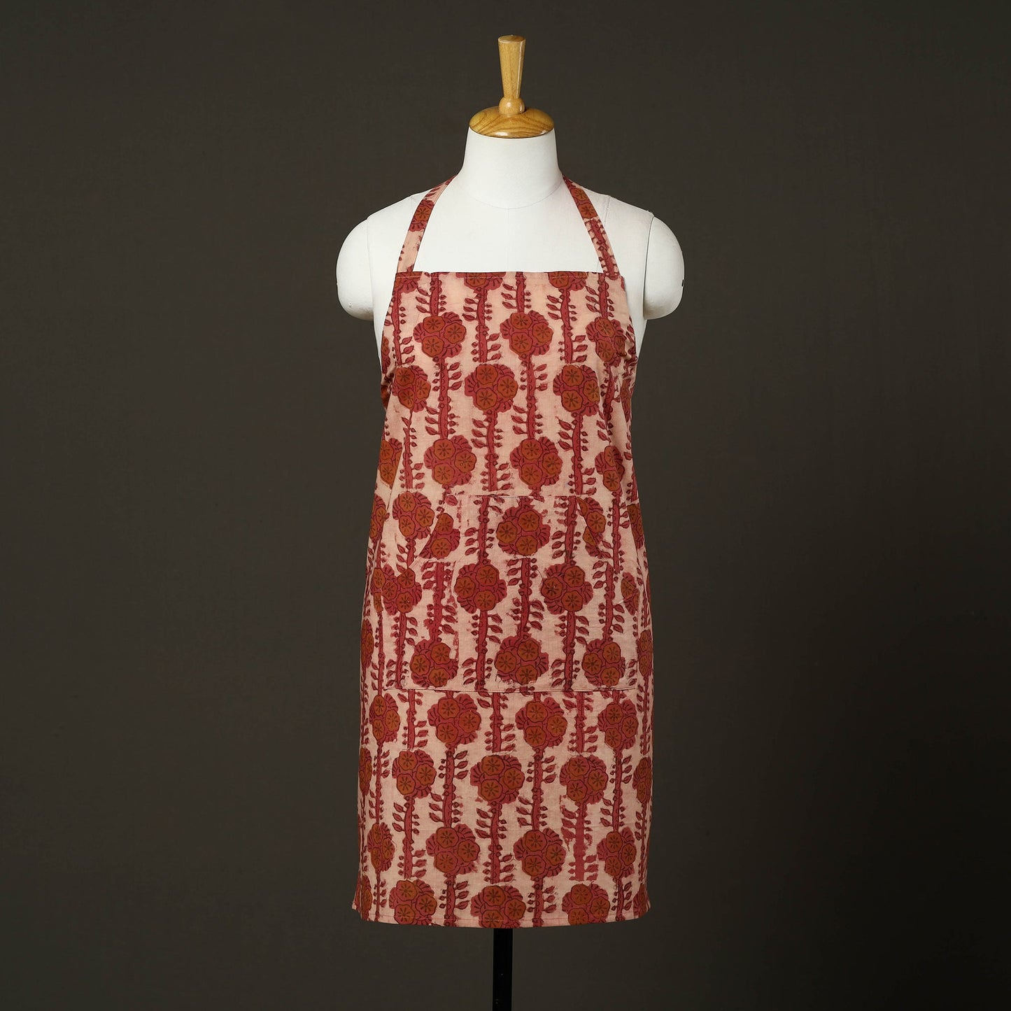  Red Bagru Block Print Cotton Apron with Pocket 