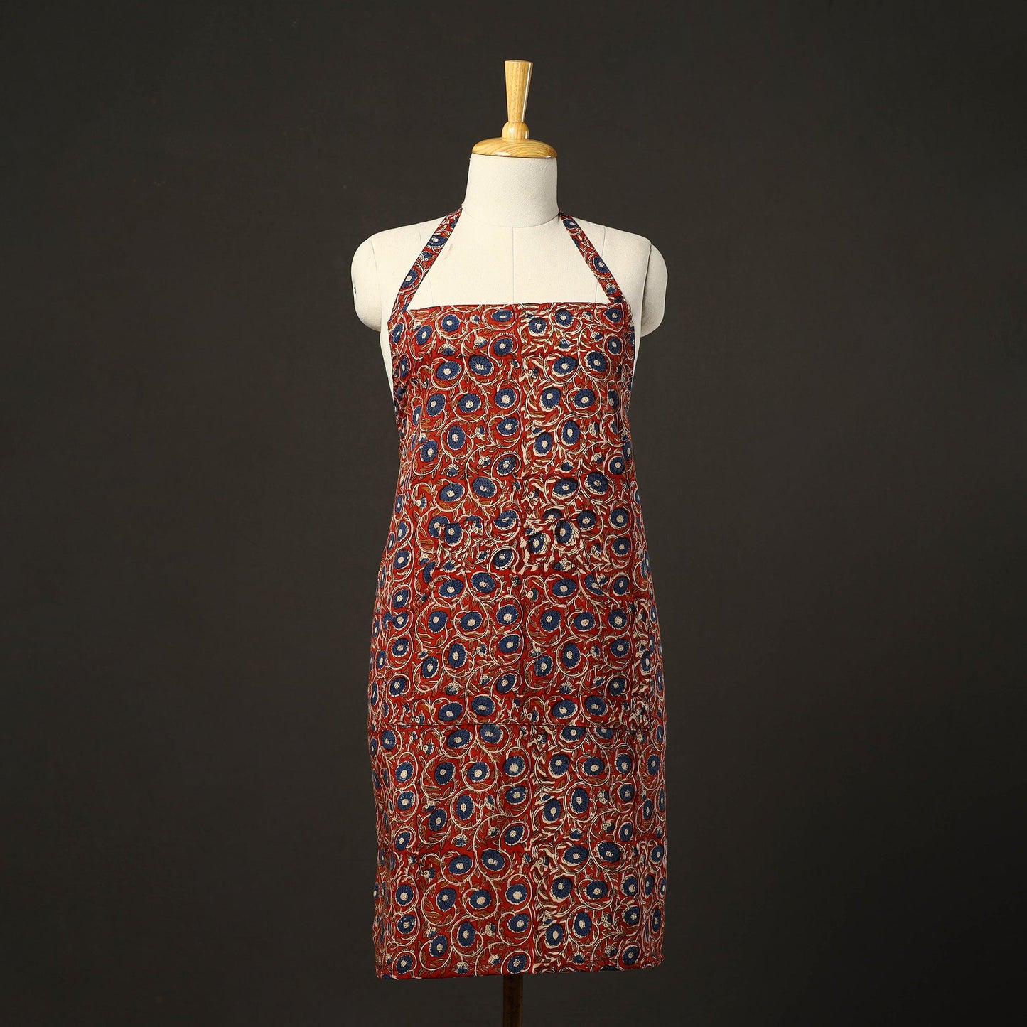 Red - bagru cotton apron with pocket 20 - handcrafted