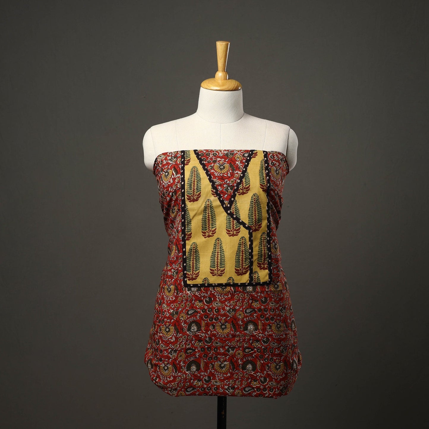 Red - bagru cotton unstitched kurta material with patchwork