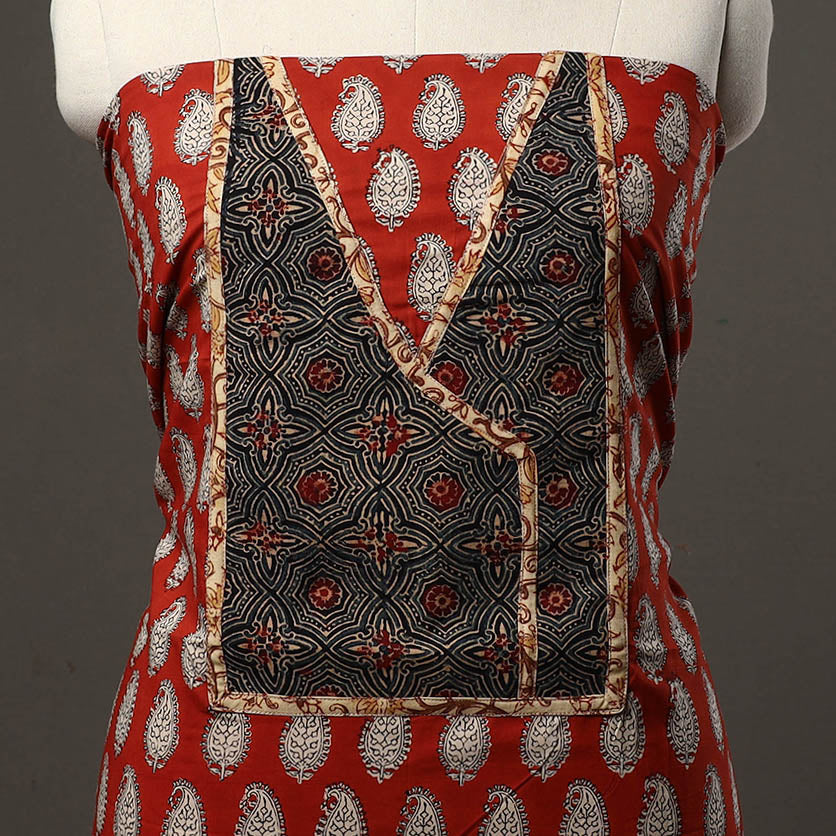 Red - bagru cotton unstitched kurta material with patchwork