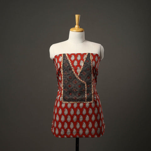 Red - bagru cotton unstitched kurta material with patchwork