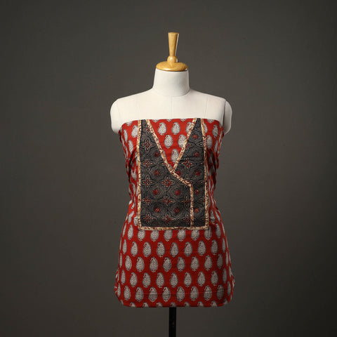 Red - bagru cotton unstitched kurta material with patchwork