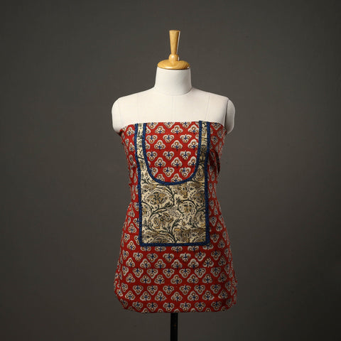Red - bagru cotton unstitched kurta material with patchwork