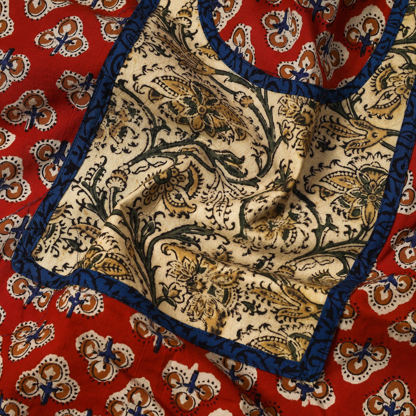 Red - bagru cotton unstitched kurta material with patchwork