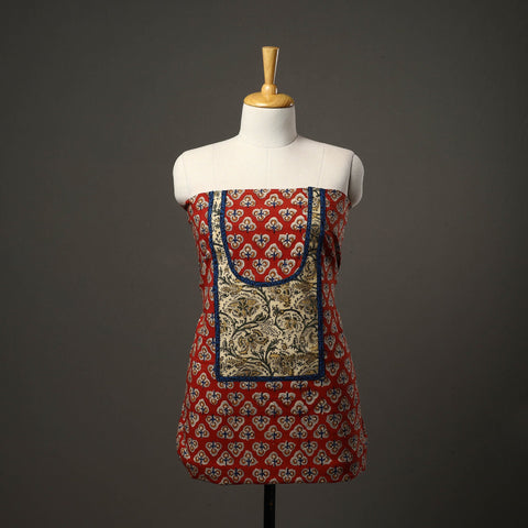 Red - bagru cotton unstitched kurta material with patchwork