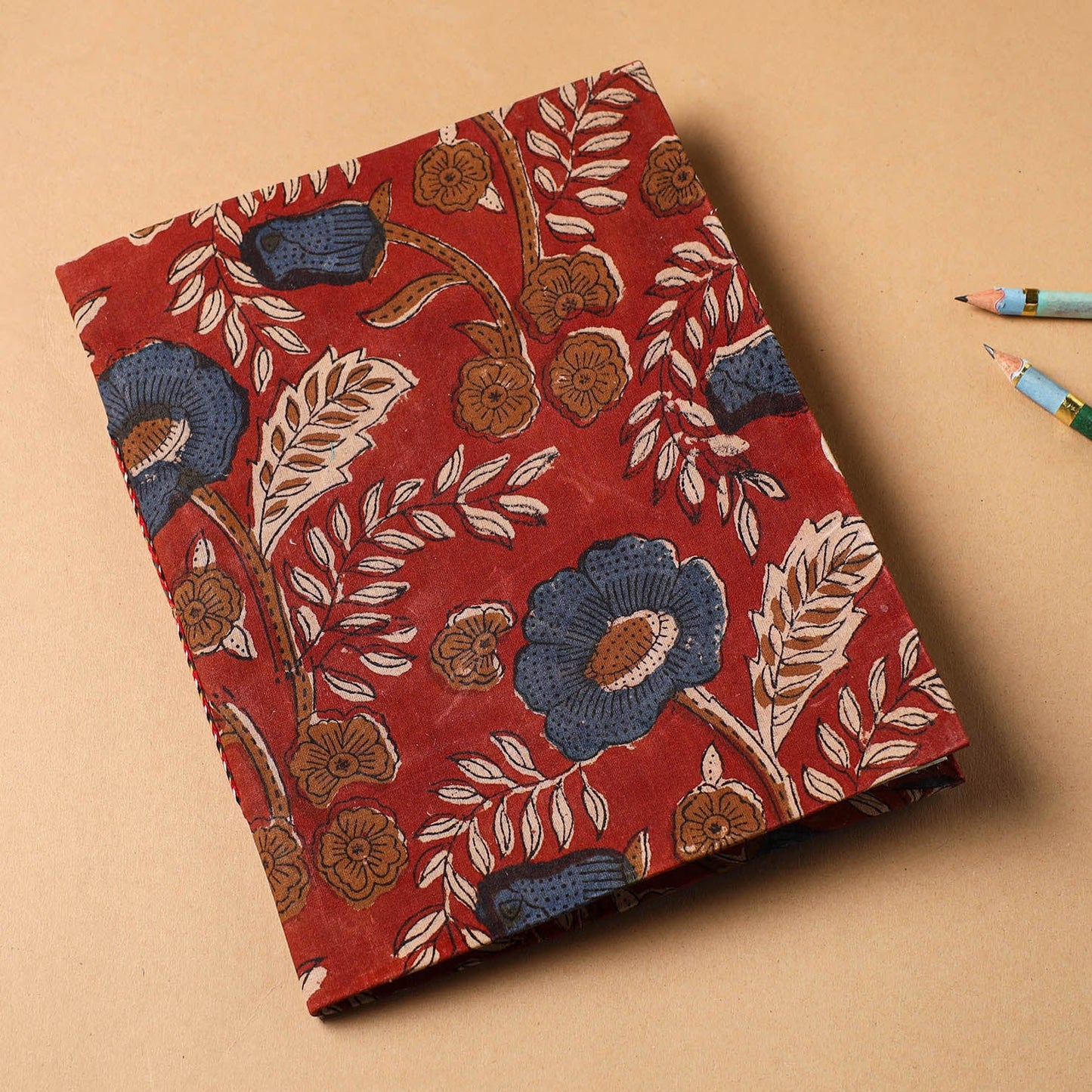 Red Bagru Fabric Cover Handmade Paper Notebook