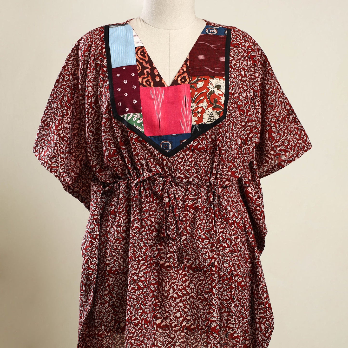 Red - bagh patchwork cotton kaftan (short) 38 - handcrafted