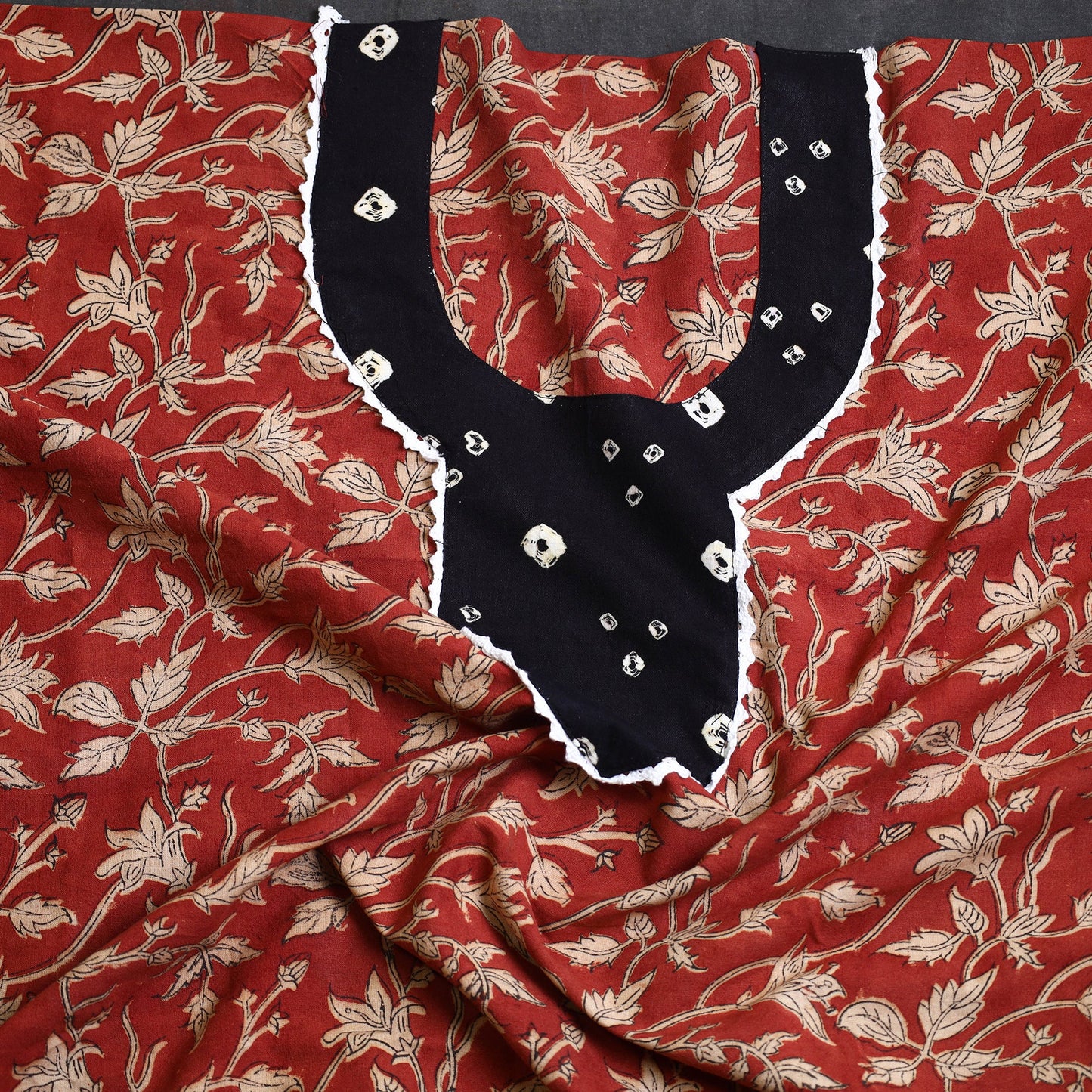 Buy Red Bagru Print Patchwork Cotton Kurta Material