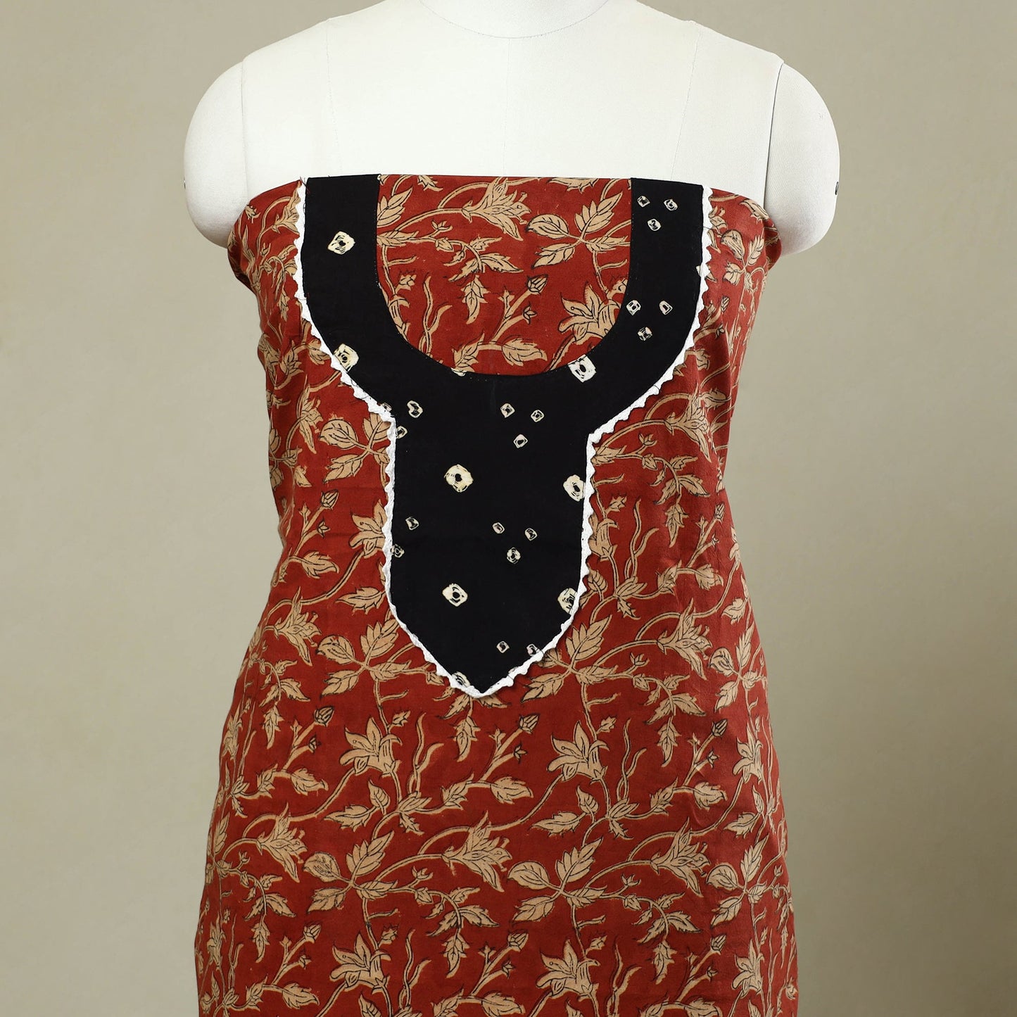 Buy Red Bagru Print Patchwork Cotton Kurta Material