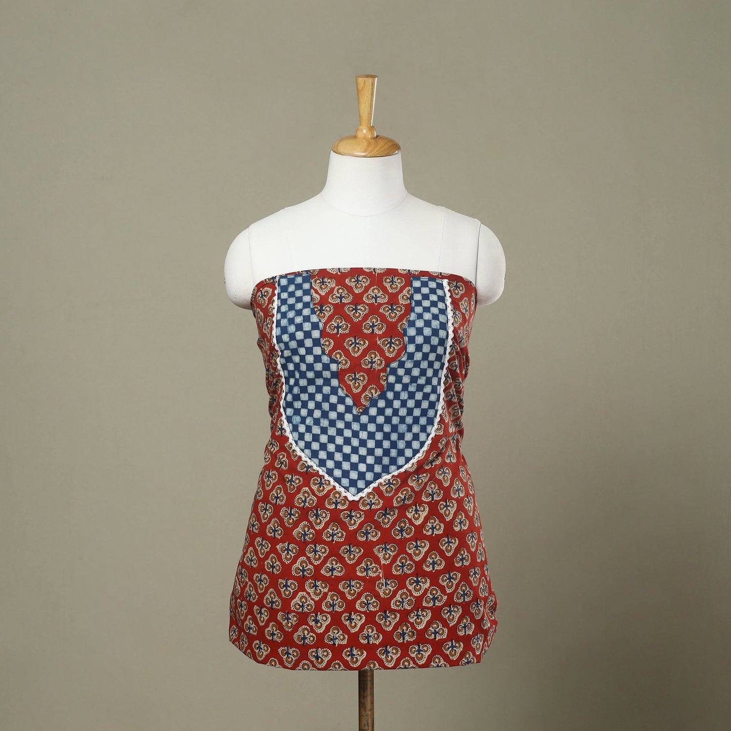 Buy Red Bagru Print Patchwork Cotton Kurta Material