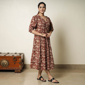 Red - bagru printed cotton flared dress 02 - handcrafted